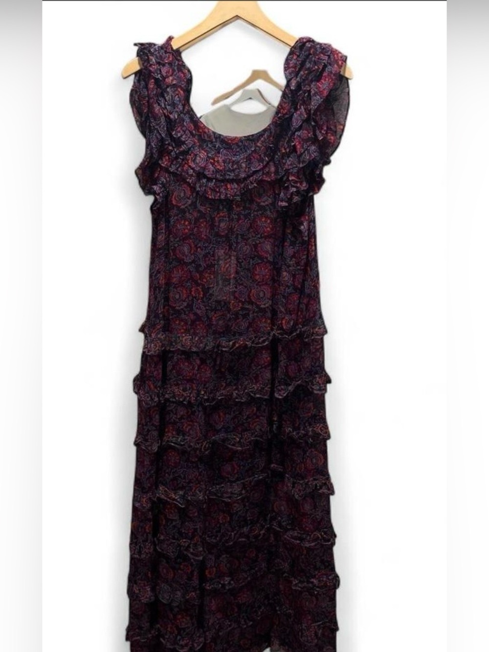 Cleobella Ruffled Dark Floral Maxi Dress in Deep Red and Black xL